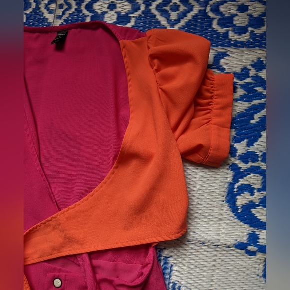 Hot Pink and Orange Colorblock Tie Front Dress with Flowy Button Up Skirt - Picture 5 of 9